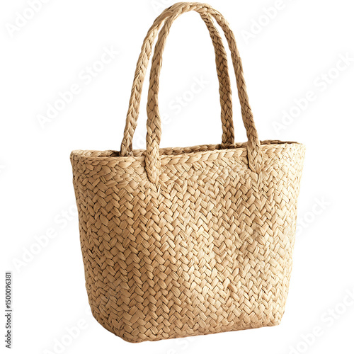 Natural Straw Tote Bag with Gentle Handwoven Text Isolated on Transparent Background