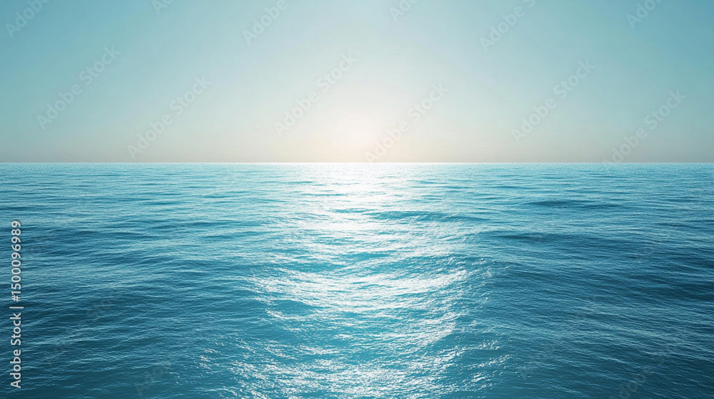 Obraz premium Serene ocean surface with sunlight shimmering across the water under a clear blue sky representing tranquility and freedom.