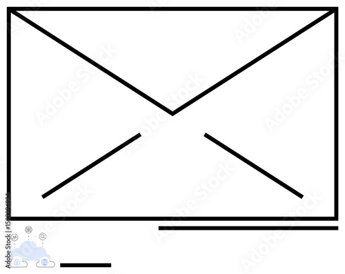 Large envelope outline with cloud and network icons symbolizing connectivity, communication, and digital messaging. Ideal for email marketing, technology, data transfer, networking, cloud computing