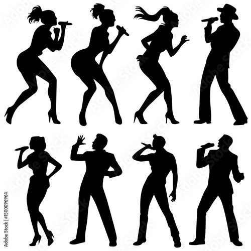 Silhouettes of men and women singing with microphones in various dynamic poses, showcasing energetic performance styles against a clean white background.