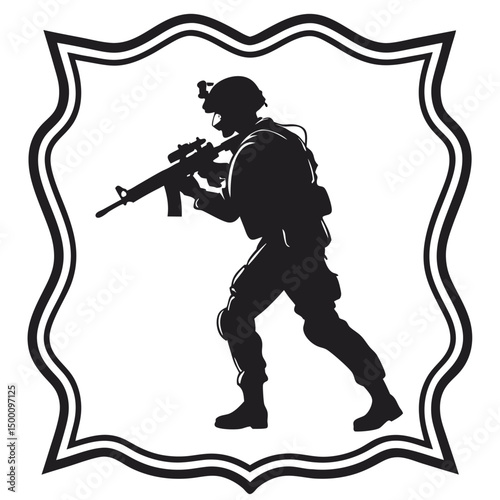 Silhouette of Armed Combatant in Protective Gear Prepared For Action