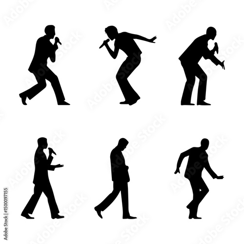 Silhouettes of men and women singing with microphones in various dynamic poses, showcasing energetic performance styles against a clean white background.
