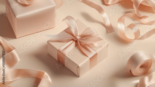 Box with a ribbon on top of a table with other ribbons. The box is a gift