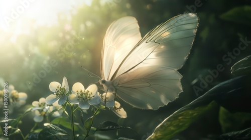 Butterfly is resting on a flower. The butterfly is white and the flower is pink
