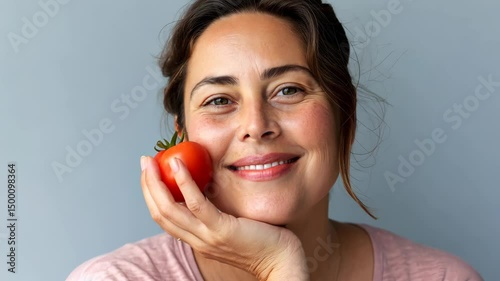 Woman smiling and holding tomato against cheek in relaxed closeup sequence