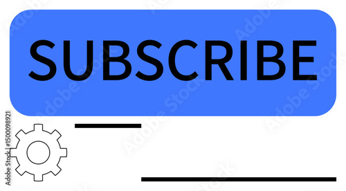 Blue button labeled Subscribe accompanied by gear icon and minimalist line details. Ideal for user interaction, marketing, subscription services, apps, websites, technology, digital tools. Flat