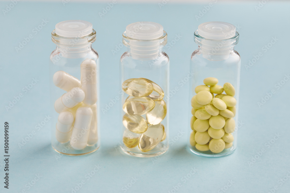 Glass vials displaying pharmaceutical supplements, containing multicolored pills, resting against soft blue surface Glass vials displaying pharmaceutical supplements, containing multicolored pills, resting against soft blue surface