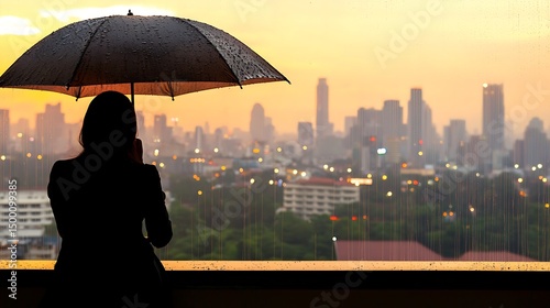Woman with umbrella city view