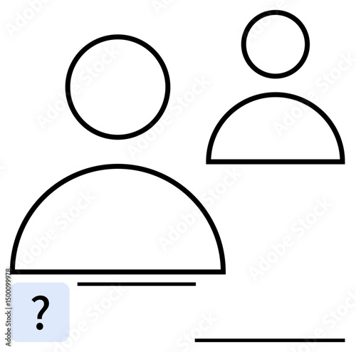 Two minimalist profile avatars with placeholder lines for text. One larger and one smaller figure, accompanied by a question mark box. Ideal for user interface, account setup, profile creation