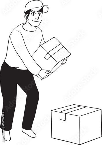 Delivery man in uniform carrying and placing a package. Black and white line art illustration perfect for e-commerce, logistics, and shipping concepts.