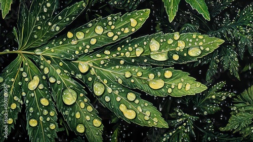 Leaf with droplets of water on it. The droplets are small and scattered. The leaf is green