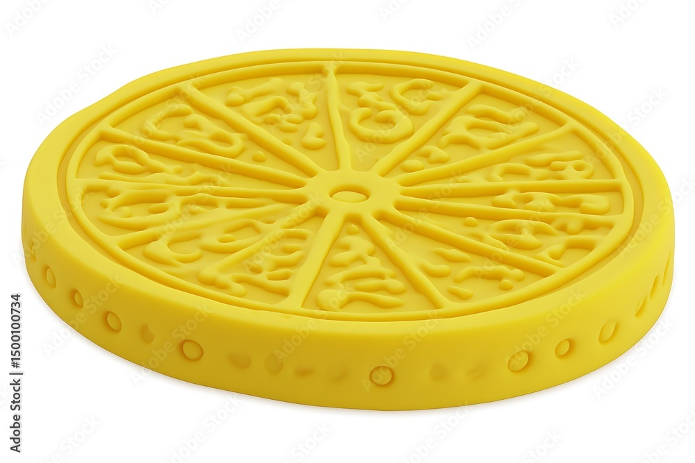 Fototapeta premium A yellow plastic object with intricate design on top viewed from above
