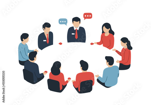 A diverse group participates in a story circle, fostering collaboration and communication. Modern, flat design illustration. Ideal for business and teamwork concepts.