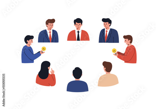 Diverse professionals collaborate, sharing ideas with lightbulbs. A modern, engaging team meeting illustration. Bright, friendly, and suitable for business concepts.