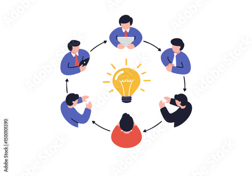 Diverse team collaboratively brainstorms around a glowing lightbulb, symbolizing idea sharing and innovation. Modern, flat design illustration.