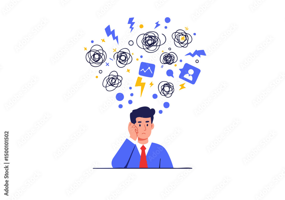 A man experiences emotional chaos, overwhelmed by swirling icons and lightning bolts. Expresses stress and confusion. Suitable for business, psychology, and mental health themes.