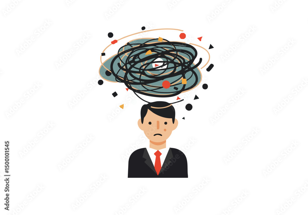 A man?s head is overwhelmed by a chaotic swirl of objects and thoughts, conveying mental stress. A professional figure displays a vulnerable expression. Illustrative, modern style.