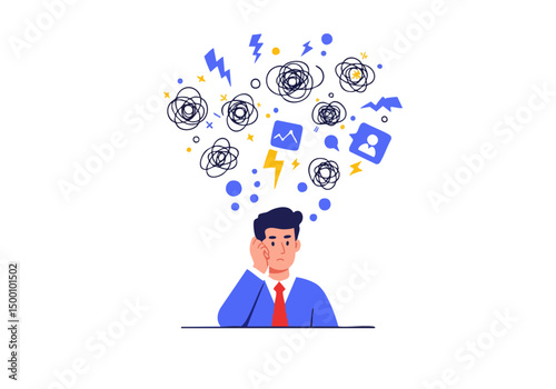 A man experiences emotional chaos, overwhelmed by swirling icons and lightning bolts. Expresses stress and confusion. Suitable for business, psychology, and mental health themes.