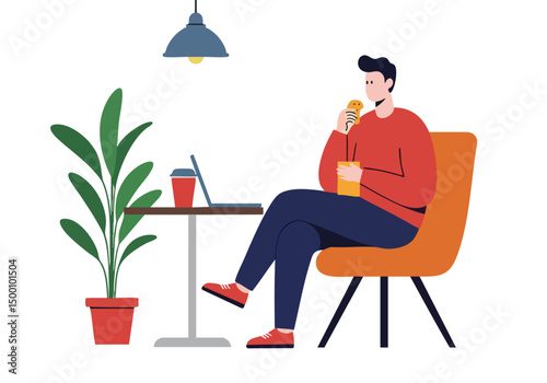 A man enjoys a snack break while working remotely. He sits comfortably with a laptop and a drink, creating a relaxed and productive workspace. Modern illustration style.