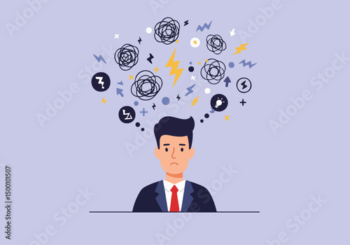A man experiences an emotional chaos, visualized as swirling thoughts above his head. Expresses stress and overwhelm. Suitable for business, mental health, and productivity themes.