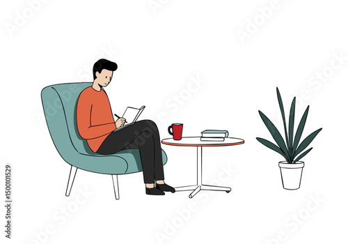 A man thoughtfully writes in a notebook, enjoying a mindful pause with a cup and book. A serene, modern scene evokes calm and focus.