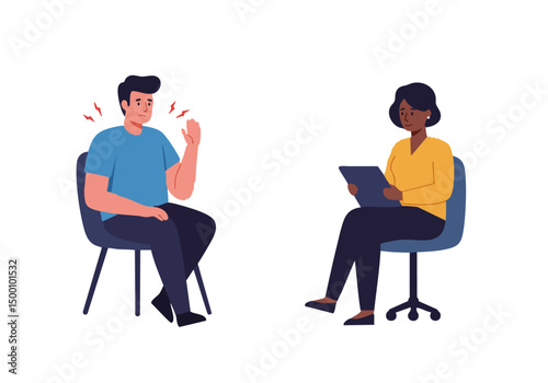 A man expresses distress during a therapy session with a professional counselor. The illustration depicts emotional support and mental wellness. Clean, modern style.