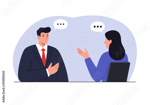 A professional male and female engage in therapy, communicating through speech bubbles. Modern, supportive illustration for mental health resources. Clean, bright design.