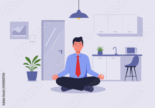 A professional man meditates in a modern office break room. He?s dressed in a business shirt, promoting mindful relaxation and work-life balance. Clean, bright, and serene.