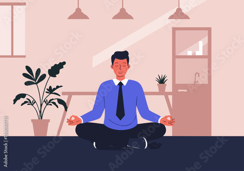 A professional man meditates in a modern office, enjoying a mindful break. Soft lighting and a calm atmosphere create a peaceful scene.