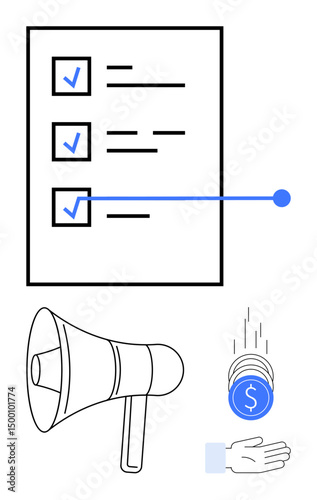 Checklist with marked items, megaphone symbolizing marketing, and coins dropping into a hand representing investment. Ideal for productivity, strategy, marketing, finance, planning, organization