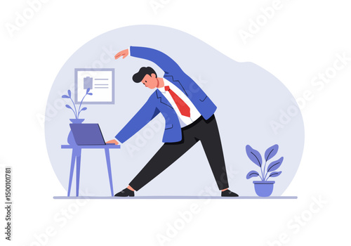A professional man stretches at his desk during a break, with charts and a laptop in the background. Modern, vibrant illustration promoting wellness and productivity.
