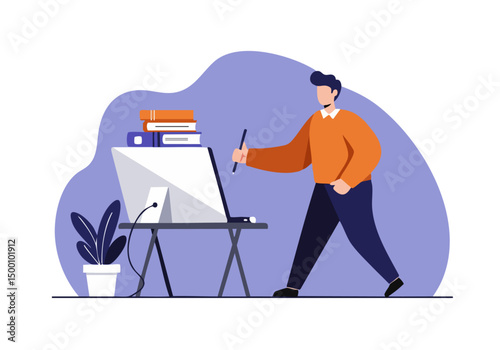 A professional man works on a computer, sketching ideas. Modern workspace with books and a plant. Illustrative style, empowering concept.