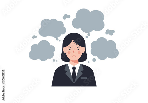 A professional woman experiences mental fog, surrounded by swirling gray clouds. Her expression conveys sadness and difficulty concentrating. Illustrative style.
