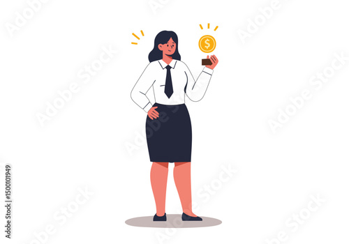 A professional woman confidently holds a coin, symbolizing problem-solving. Modern illustration style, bright colors, and a positive, solved feeling.