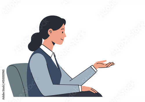 A professional woman gestures thoughtfully while speaking, conveying hope and optimism. Clean, modern illustration style.