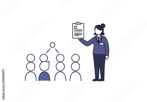 A professional woman leads a role-playing exercise with a group of students. Clear composition, modern style, and focused interaction. Ideal for training and education visuals.