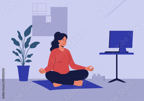 A serene woman meditates at her desk in a modern home office, promoting calm and focus. Soft colors and a minimalist setup create a peaceful workspace.