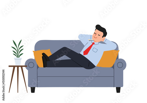 A relaxed professional enjoys a restful break on a sofa, showcasing a moment of leisure and comfort. Modern illustration style.