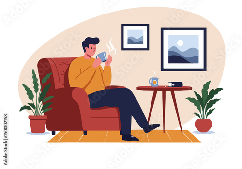 A relaxed young man enjoys a coffee break, reading on a tablet while sipping coffee in a cozy living room setting. Soft colors and a modern aesthetic.