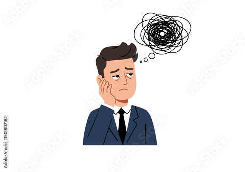 A stressed professional contemplates amidst tangled thoughts. Expresses burnout and overwhelm. Suitable for business, mental health, and productivity themes.