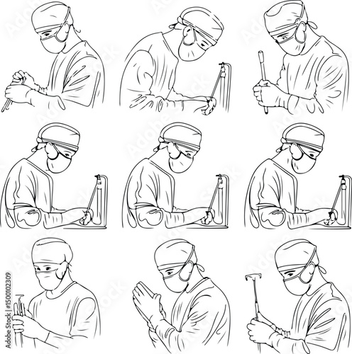 One Line Surgeon Silhouette Set – Minimalist Medical Art Surgeon Line Drawing Vector – Doctor Silhouette Icons