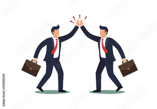 Two business professionals celebrate team success with a high-five. Modern illustration style, vibrant colors, and a clear composition convey achievement and collaboration.
