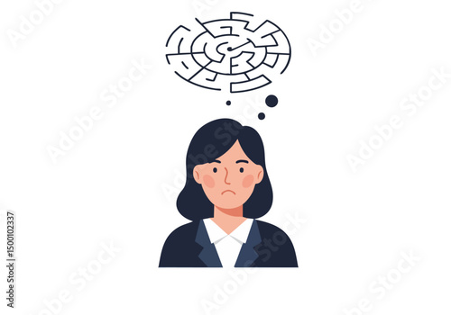 A woman contemplates a complex maze, expressing frustration and confusion.  A thoughtful portrait with a muted color palette. Suitable for business, psychology, and problem-solving themes.