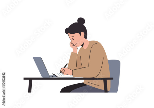 woman contemplates a laptop displaying post-therapy reflection Focused expression muted tones and a simple workspace convey thoughtful introspection 
