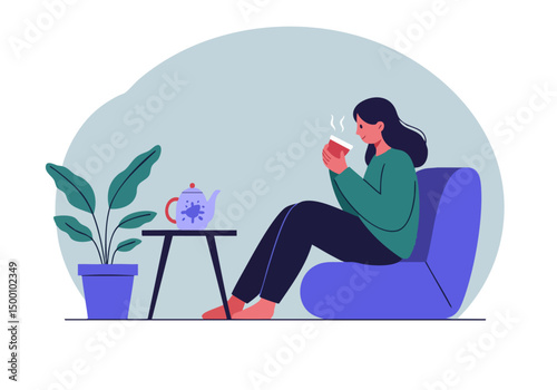 A woman enjoys a relaxing tea break, sipping from a mug beside a teapot and potted plant. Soft colors and a cozy atmosphere create a peaceful scene.