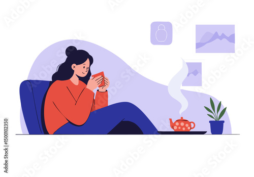 A woman enjoys a relaxing tea break, sipping from a mug amidst calming visuals. Soft colors and a peaceful atmosphere create a serene scene.