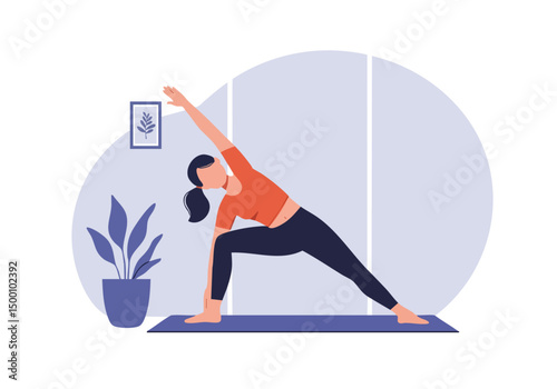 A woman practices yoga in a serene home studio. She?s in a side angle pose, creating a calming and healthy lifestyle image. Soft colors and natural light enhance the peaceful atmosphere.