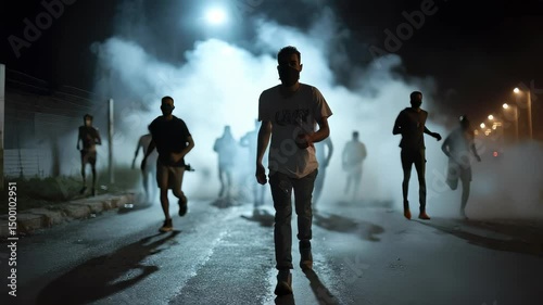 Urban riot wave: fire burst, rebellious march, crowd panic, explosive surge, protester anger, shattered order, violent protest, police line, smoke cloud, defiant stance, crisis mode