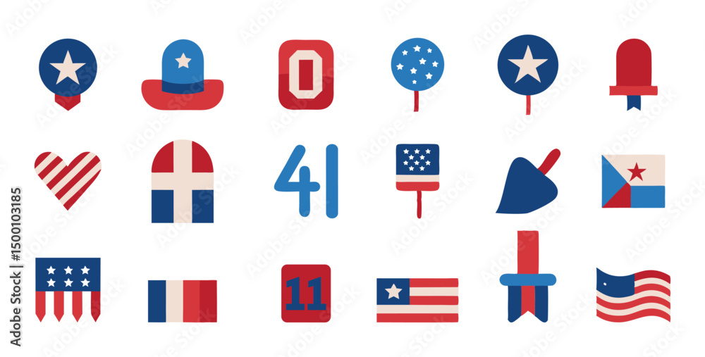 Fototapeta premium Set of 4th of July, American Independence day graphic elements on white background 