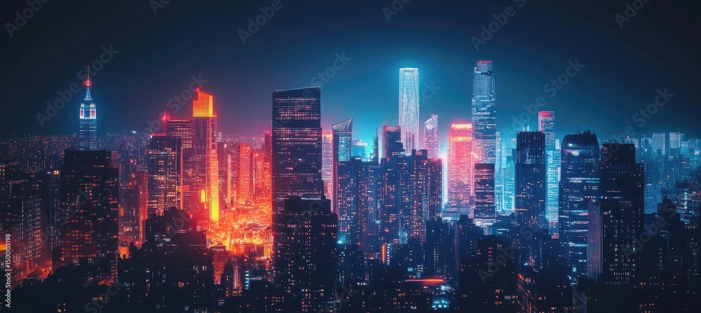 Fototapeta premium Vibrant cityscape at night, illuminated by neon lights